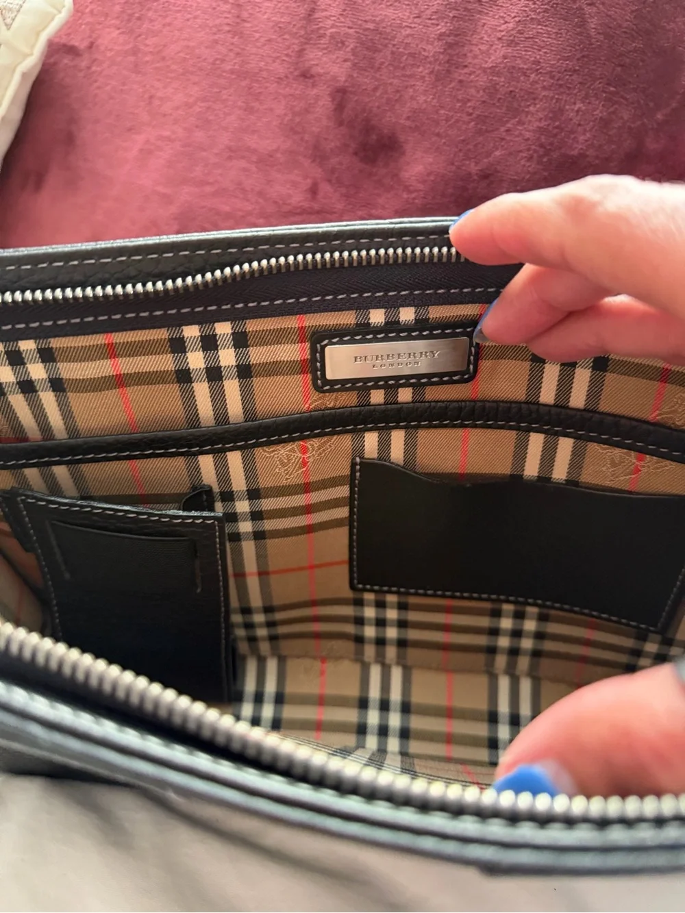Burberry London Black Pebbled Leather Wristlet Clutch Pouch Bag Nova Check